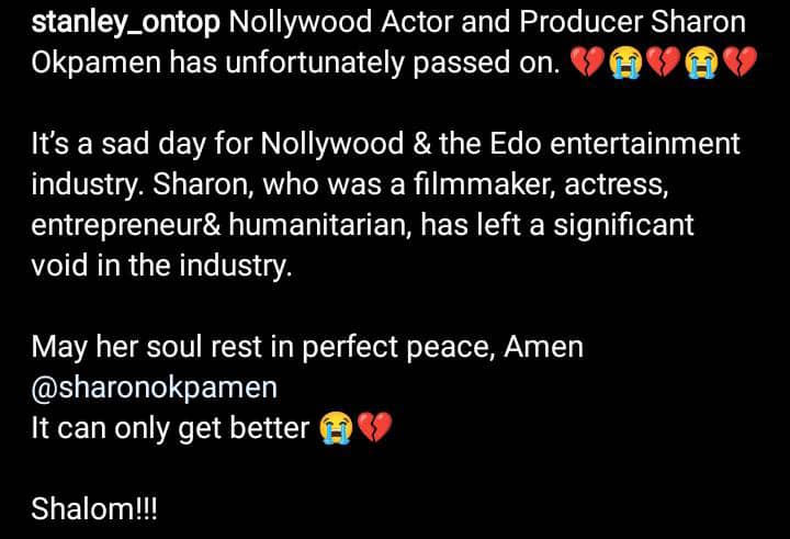 Nollywood actress, Sharon Okpamen passes away