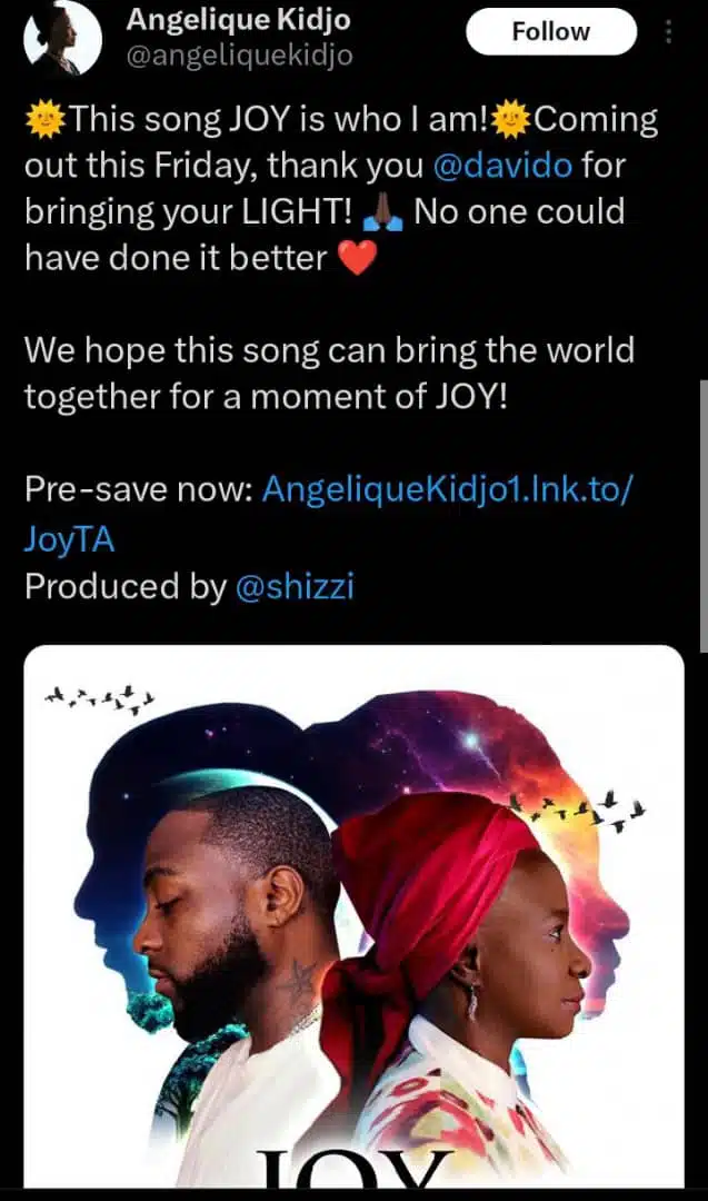 Reactions trail as Davido announces release date of his song with Angelique Kidjo