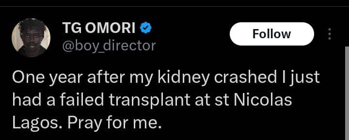 TG Omori reveals kidney transplant unsuccessful after brother’s donation