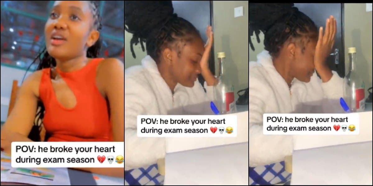 Lady weeps uncontrollably while studying after boyfriend dumped her during exam