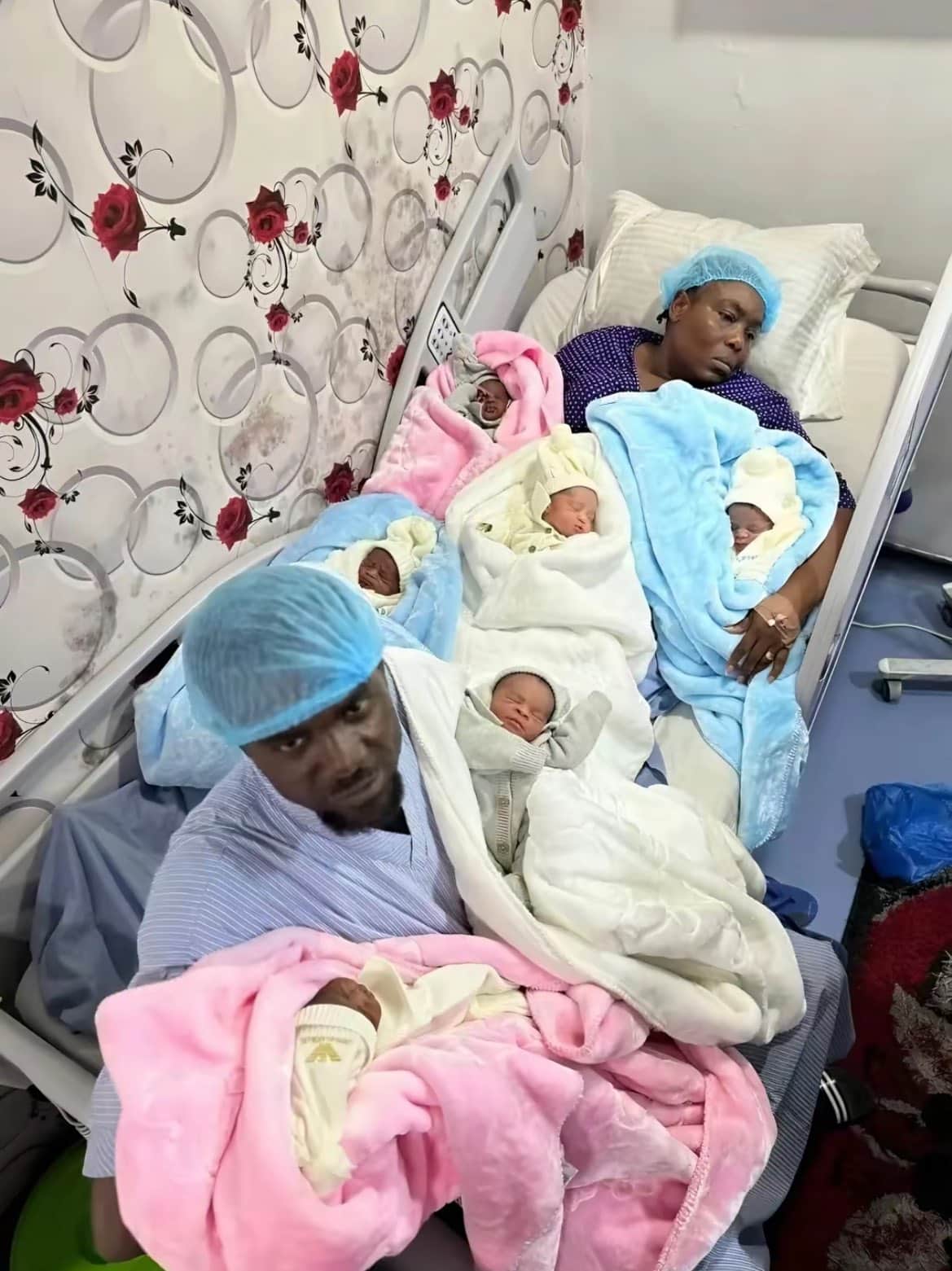 Woman's facial expression stirs sympathy after welcoming sextuplets