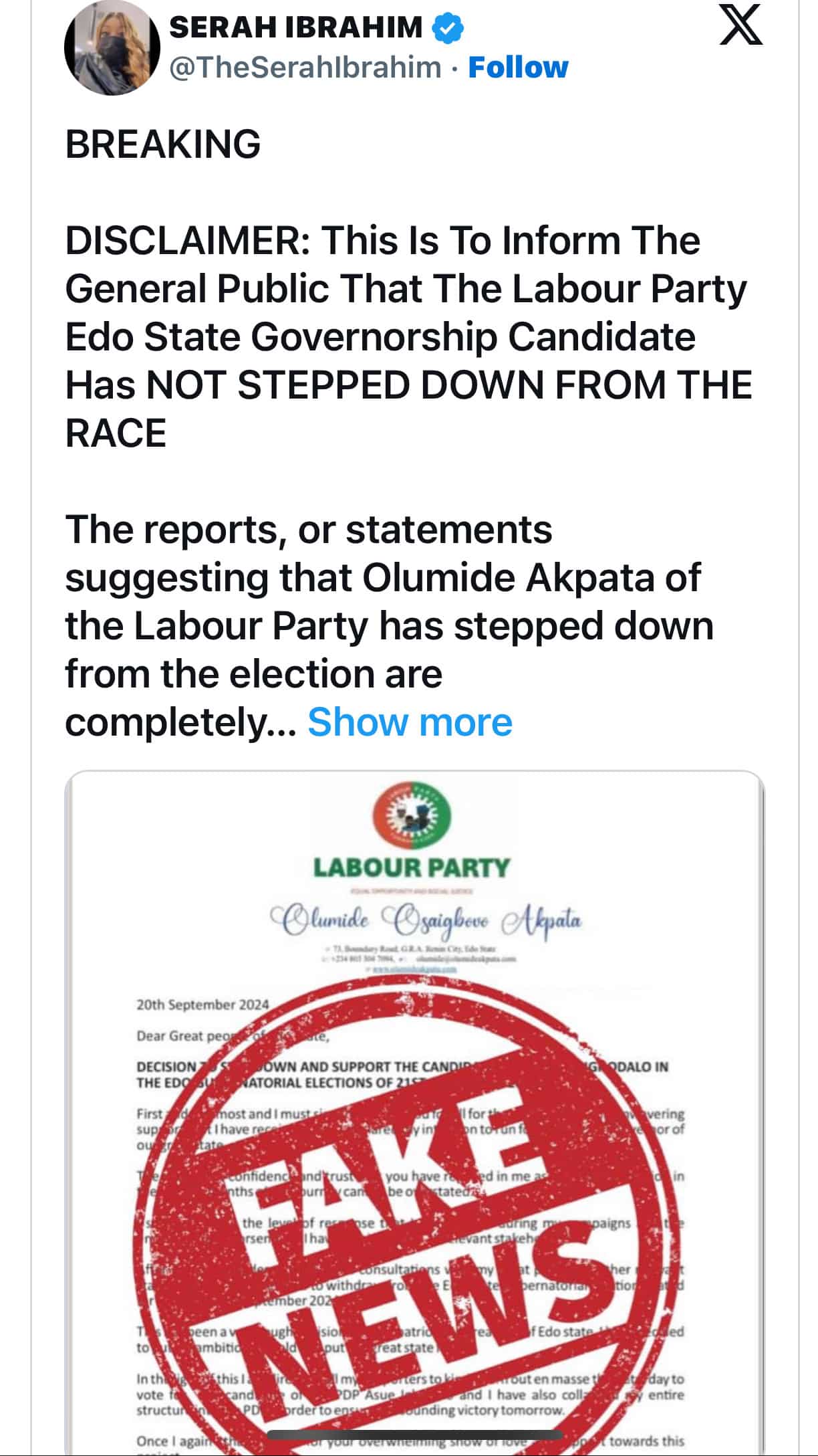 Edo Guber: “Our candidate, Akpata has not withdrawn from the race” — Labour Party Clarifies