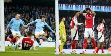 EPL: Stones' late equalizer for City breaks Arsenal's hearts after Trossard's red card