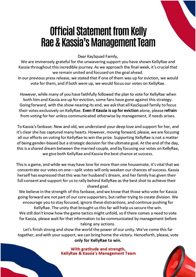 Doublekay's management team urges fans to desist from voting for Kassia in official statement