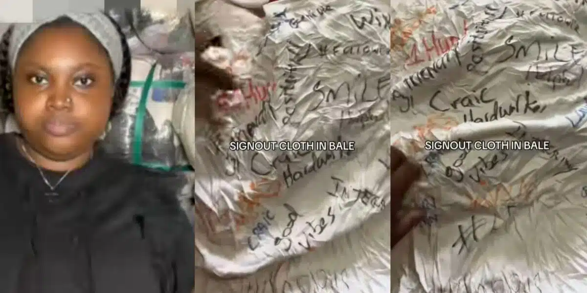 Thrift vendor rants as she finds sign-out shirt inside imported bale of clothes