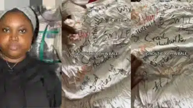 Thrift vendor rants as she finds sign-out shirt inside imported bale of clothes