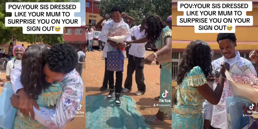 Nigerian lady dresses as her mother to surprise brother, as he signs out from university