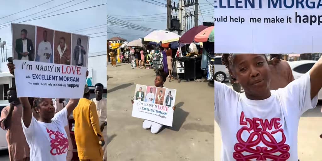 Nigerian lady raises eyebrows with a large poster professing her love for a man in Lagos