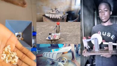 Young boy builds tank, grinding machine, dump truck, and toys from carton and batteries