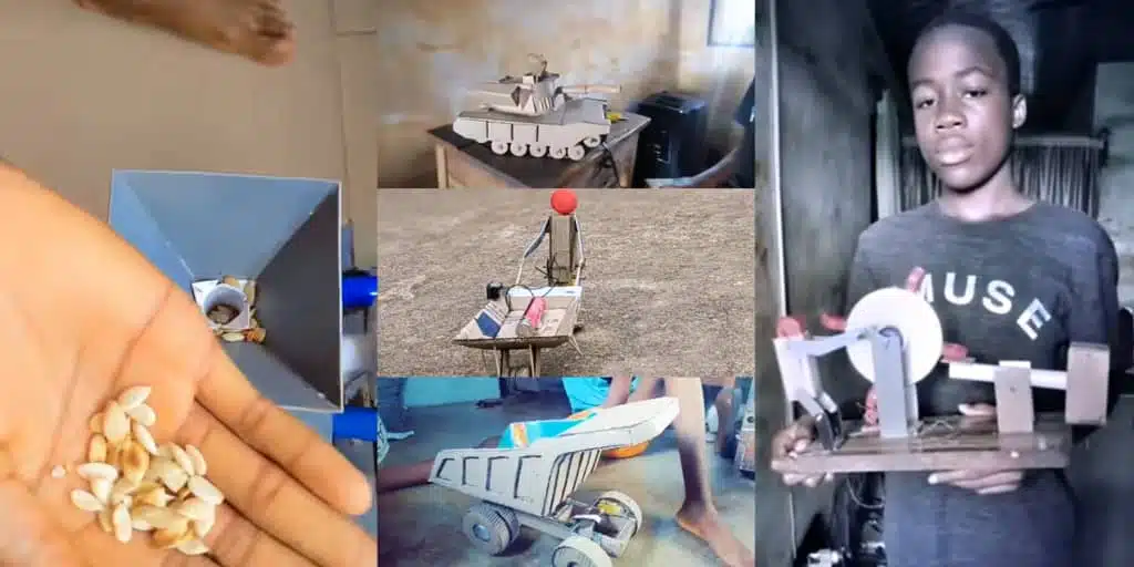 Young boy builds tank, grinding machine, dump truck, and toys from carton and batteries