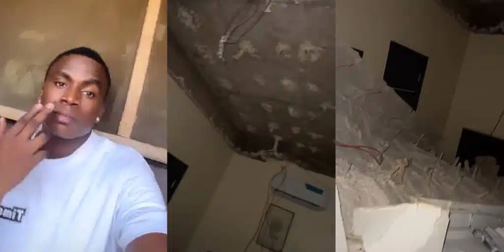 Nigerian man narrowly escapes death as hotel room's POP collapses; shocking video trends