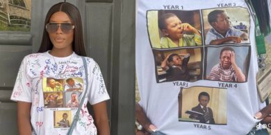 Lady shows off unique sign-out outfit featuring Aki and Pawpaw photos to celebrate graduation