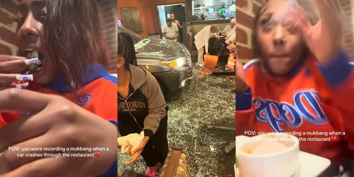 Panic as car crashes into restaurant while woman films meal