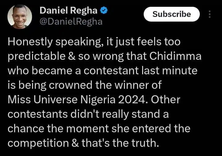 Daniel Regha reacts to Chidimma Adetshina's Miss Universe Nigeria 2024 victory