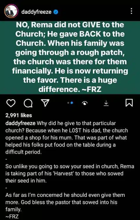 Daddy Freeze reacts to Rema's generous N105M to church