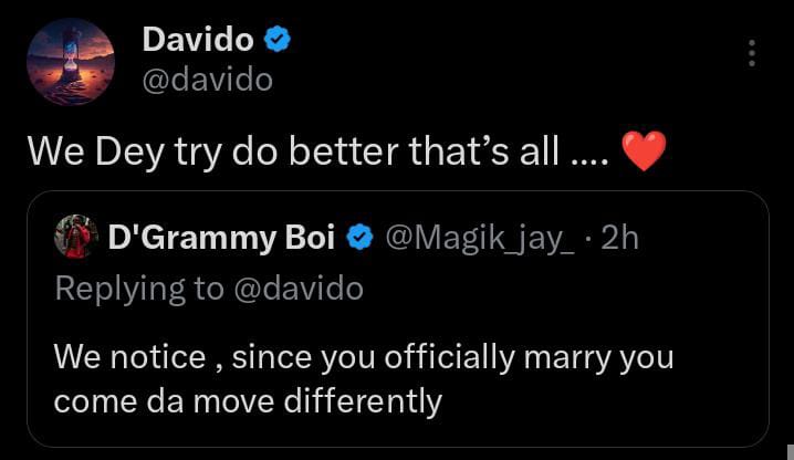 Davido reacts after fan suggested he changed after marriage