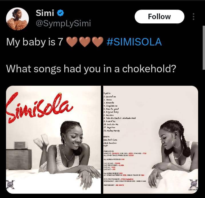 Simi marks 7th anniversary of 'Simisola' album, reveals her favorite track