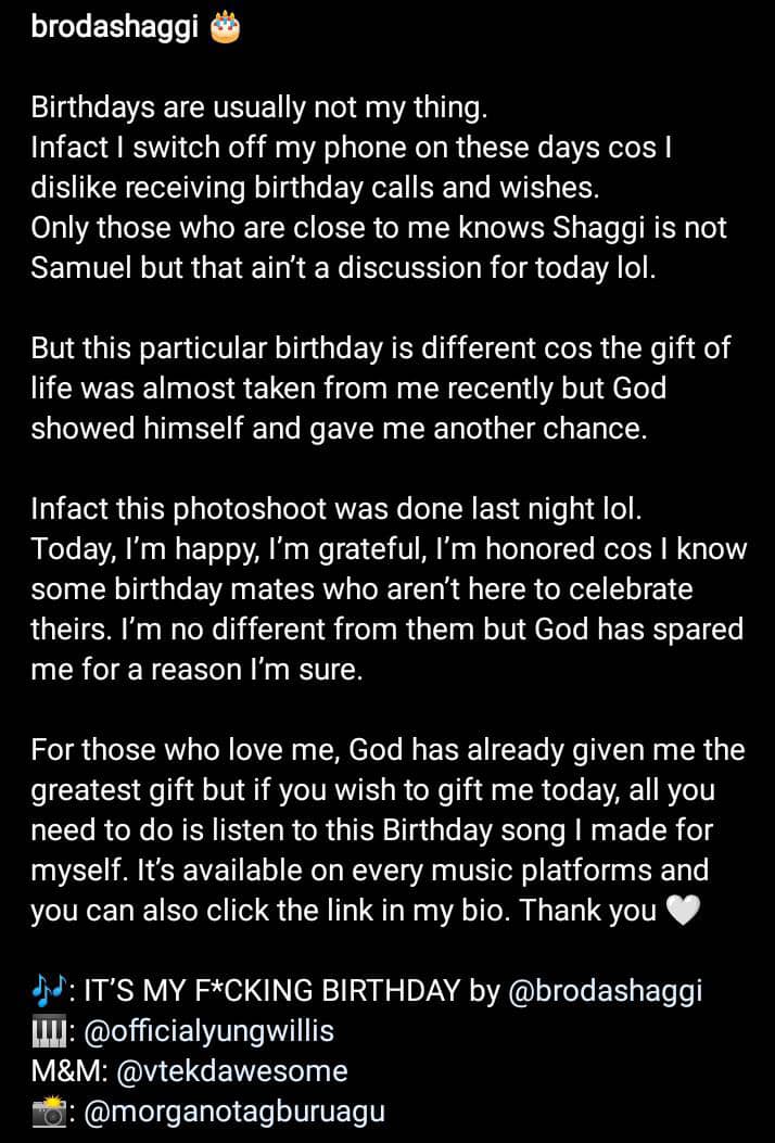 Broda Shaggi shares near-death experience as he marks birthday