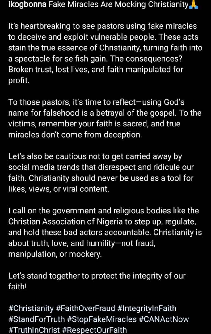 IK Ogbonna calls on government to tackle fake miracles in churches