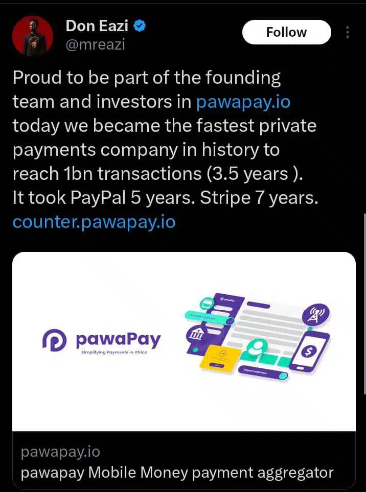 Mr Eazi celebrates milestone as his co-founded company, Pawapay surpasses one billion transactions