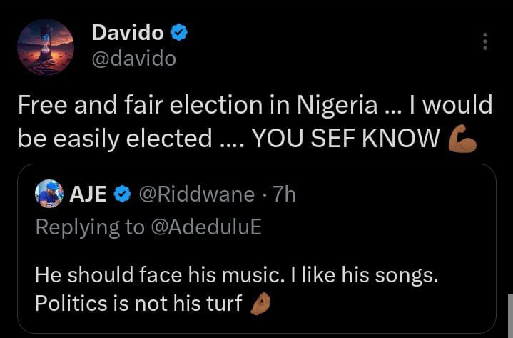 Davido replies fan who advised him to face music and ignore politics