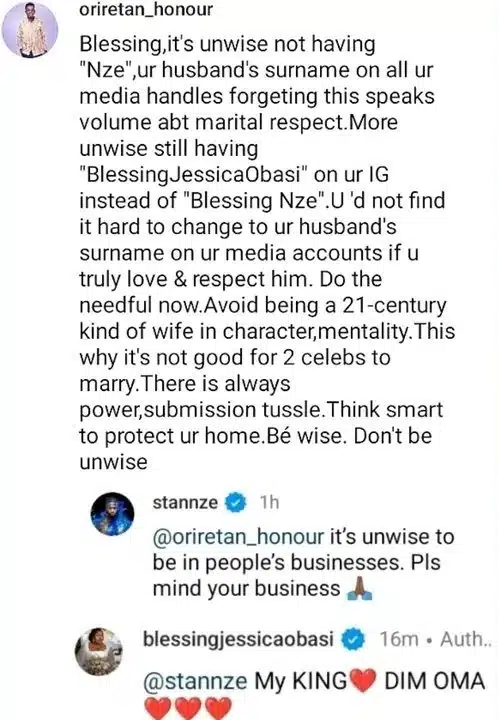 Stan Nze replies troll who criticized his wife, Blessing Obasi for not adopting his surname