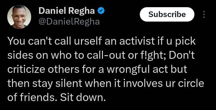 Speculations as Daniel Regha subtly criticizes an activist