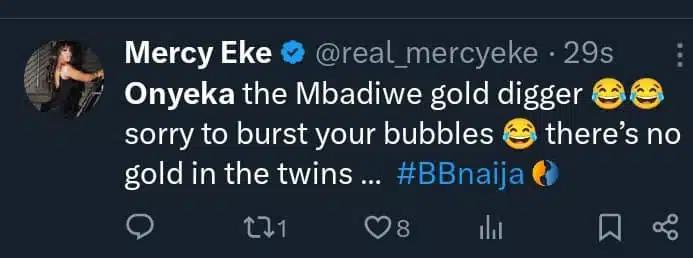 BBNaija: Outrage as Mercy Eke labels Onyeka the 'Mbadiwe gold digger'