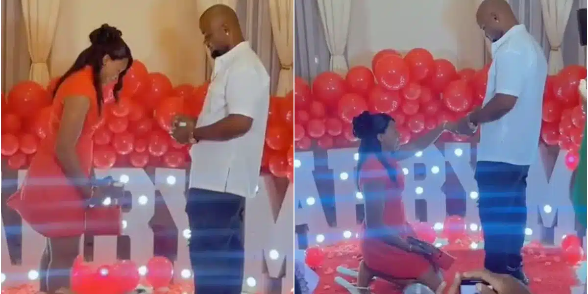 Mixed feelings as lady kneels before partner while he proposed