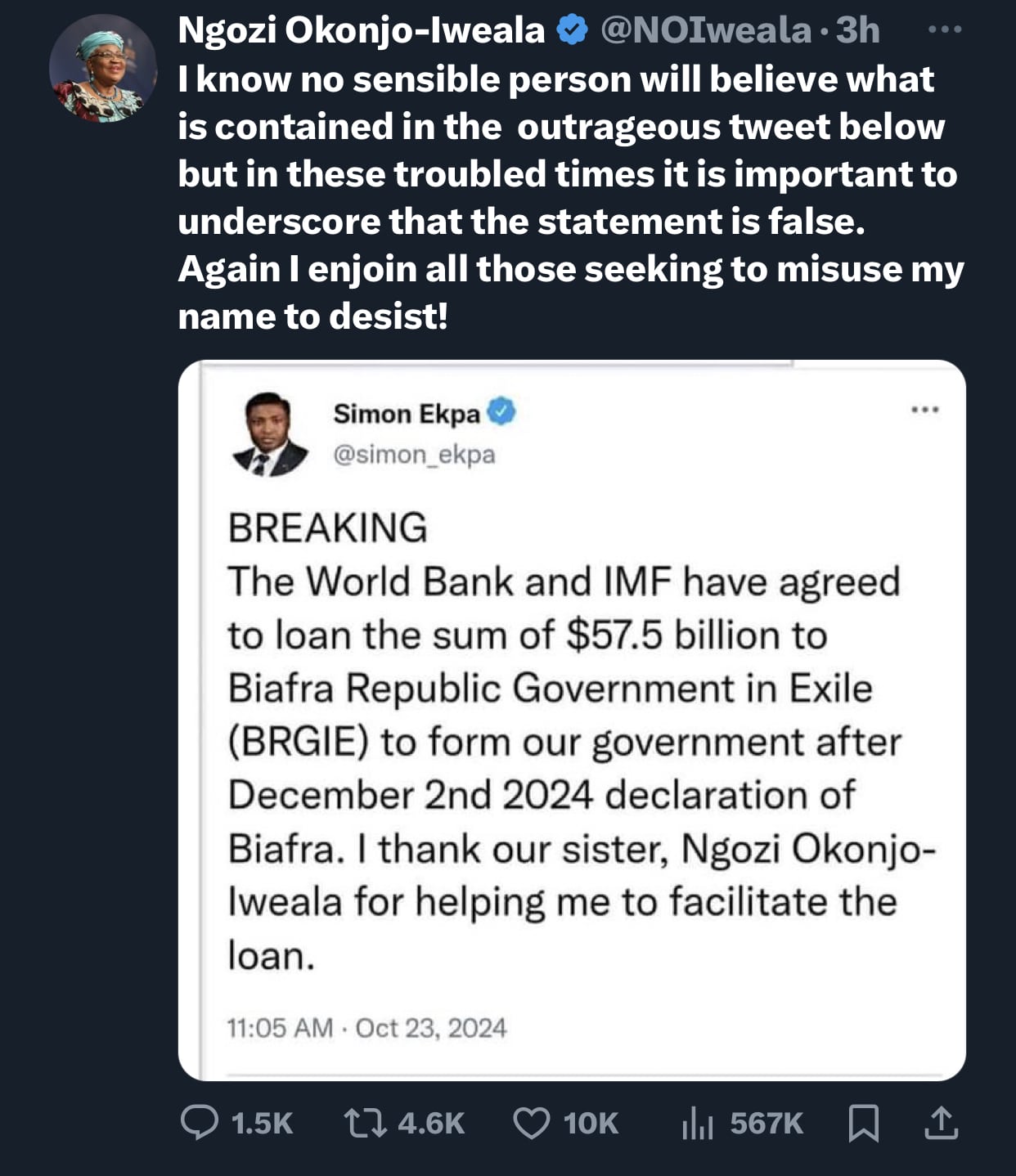 Okonjo-Iweala refutes .5bn loan to Biafra, Simon Ekpa denies statement