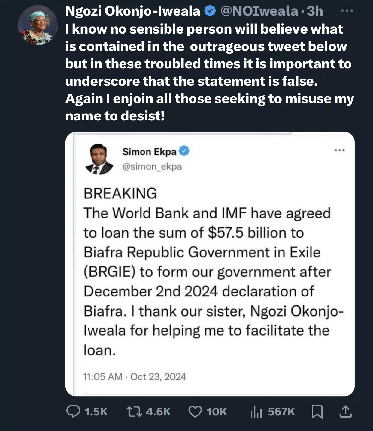 Okonjo-Iweala refutes $57.5bn loan to Biafra, Simon Ekpa denies statement