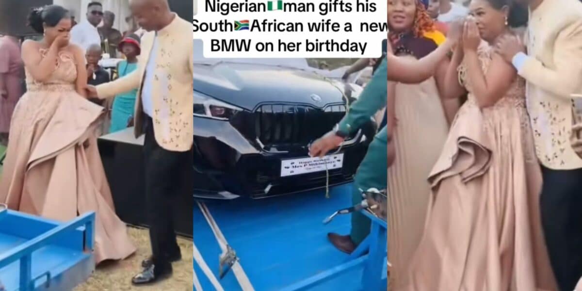 South African lady emotional as her Nigerian husband gifts her a BMW as birthday gift