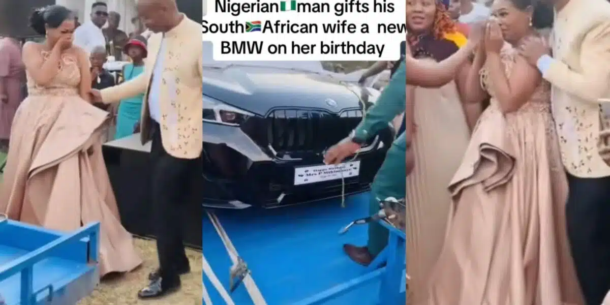 South African lady emotional as her Nigerian husband gifts her a BMW as birthday gift