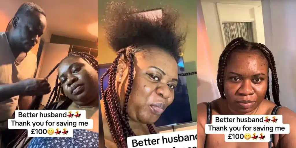 Nigerian woman praises husband for braiding her hair, saves £100 on salon costs in the UK