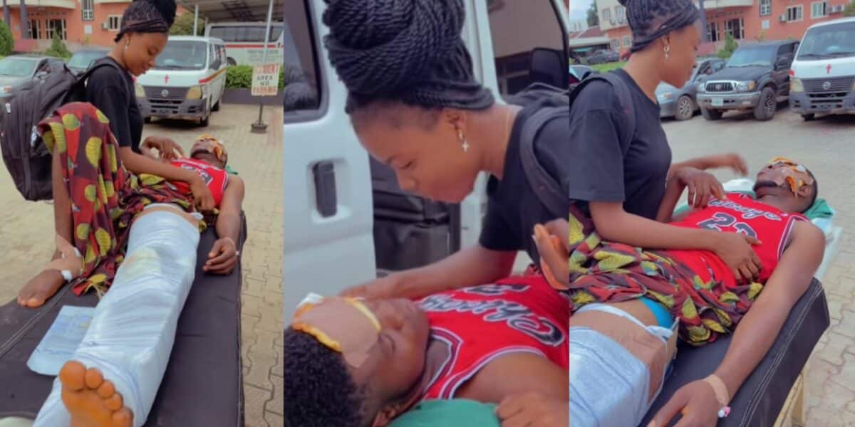 Lady heartbroken as boyfriend breaks leg in accident, missing her university sign-out ceremony