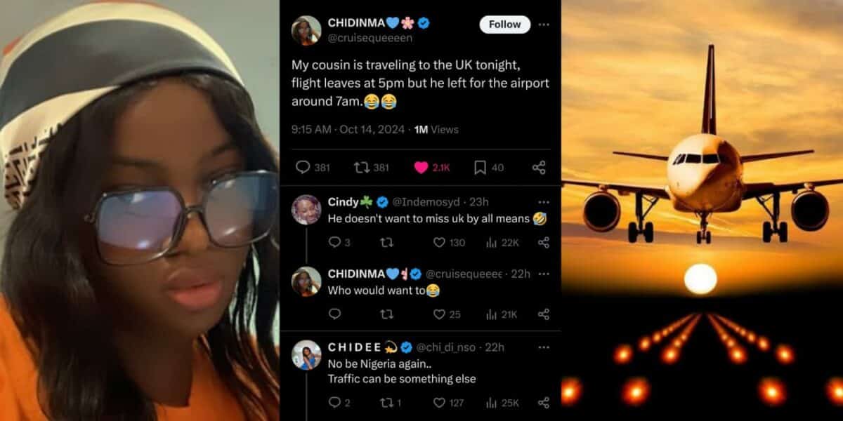 Lady shocks internet as cousin leaves for airport 10 hours before UK flight