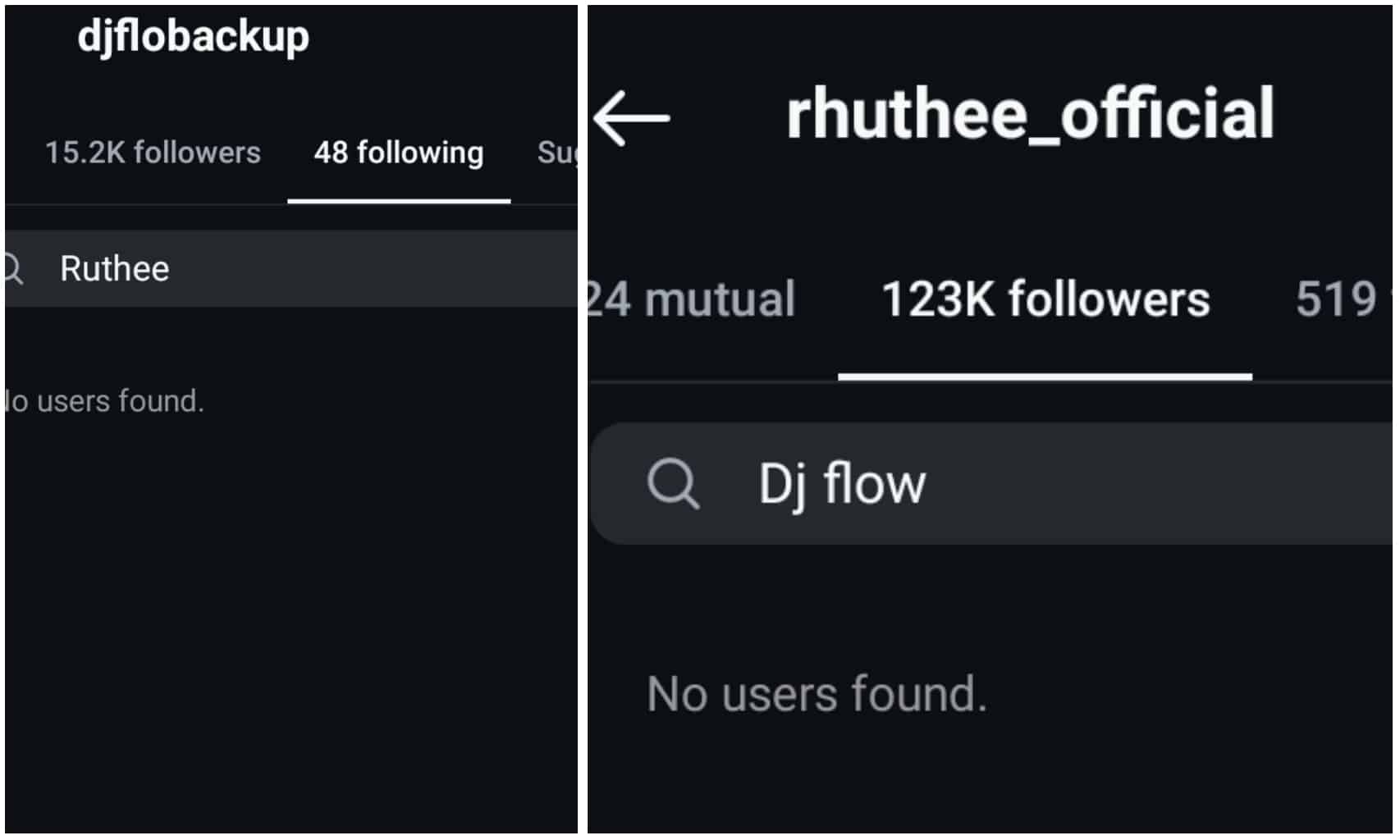 Screenshot of Ruthee and Dj flow unfollowing each other on Instagram