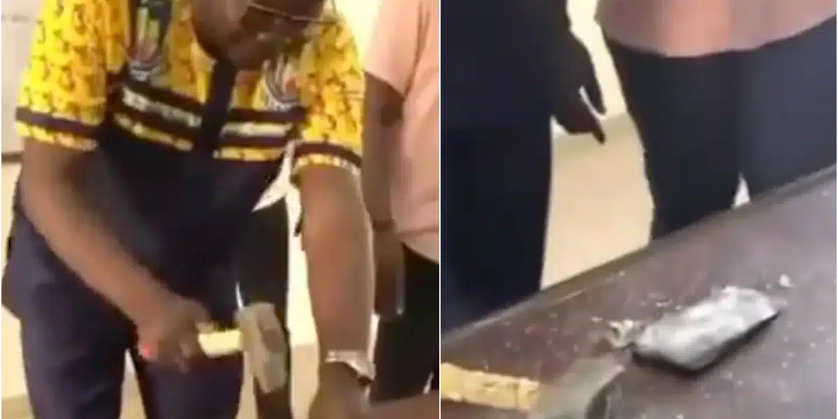 Moment lecturer breaks student's iPhone 13 with hammer