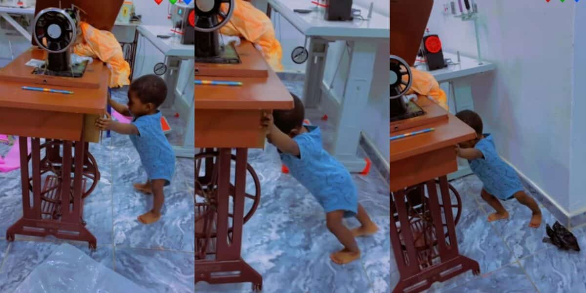 Mother shocked as she sees baby effortlessly pushing sewing machine