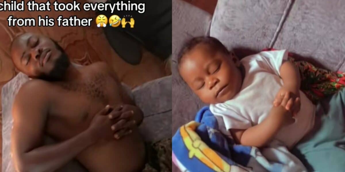 Mom surprised as son adopts same sleeping position as his father