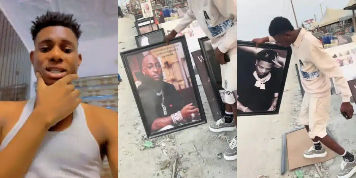 Man crushes Davido's framed photo, steps on it while purchasing Wizkid's frame