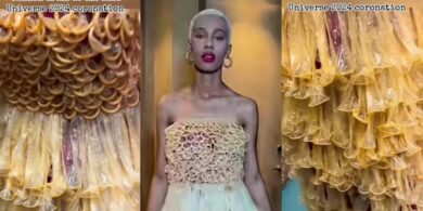 Congolese lady wows internet with unique dress made entirely from condoms