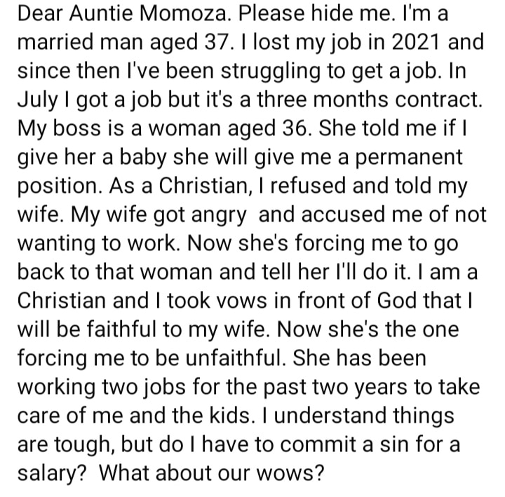 Man shocked as female boss requests to have baby with him