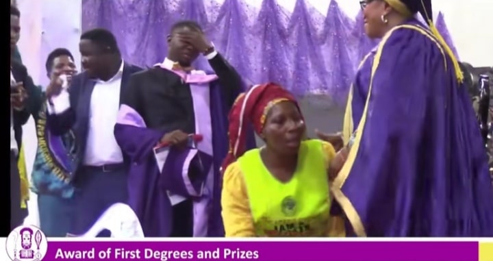 Emotional moment UNIBEN best-graduating student's mom rushes out in her Chosen apron