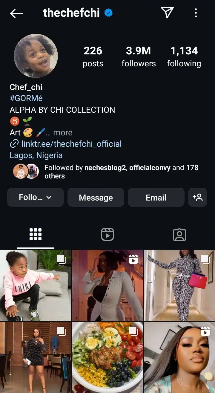 Screenshot of Chioma Instagram account 