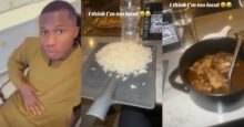 Man surprised after being served plate of rice on shovel at a restaurant