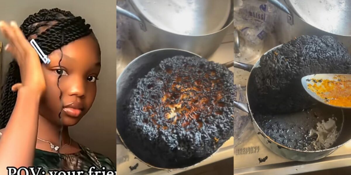 Lady shares hilarious photo of burnt rice after her friend falls asleep while cooking