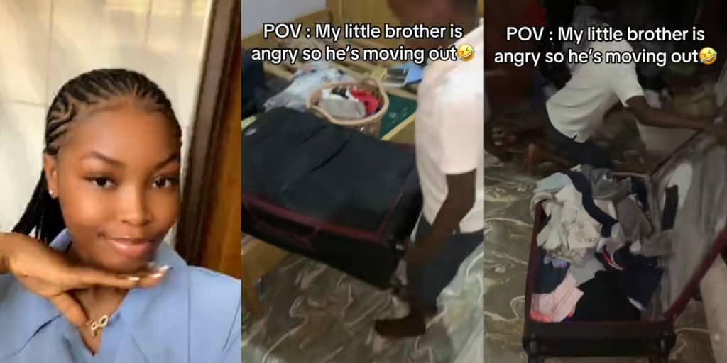 Lady shares hilarious video of younger brother packing to leave the house because they got him angry