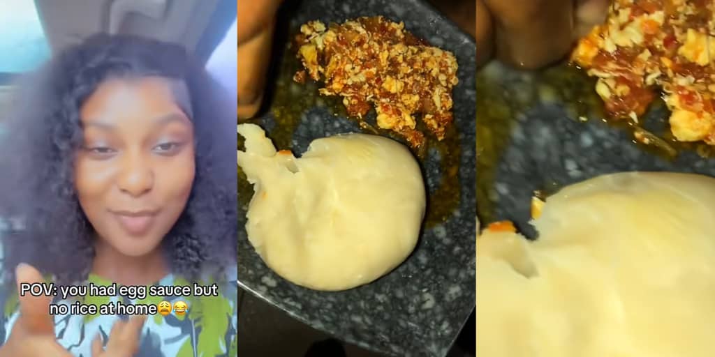 Lady shocks internet by eating fufu with egg sauce after running out of rice, video goes viral