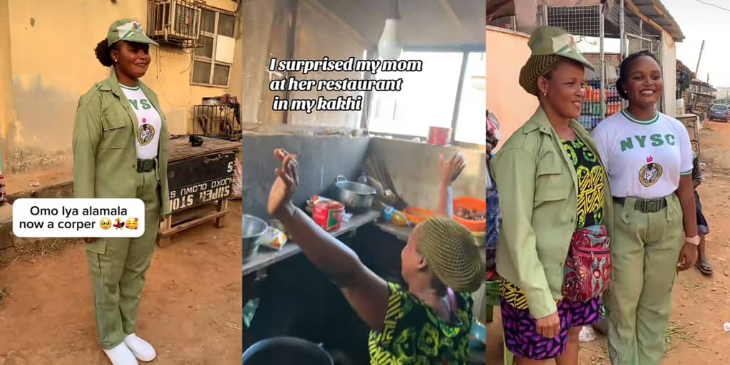 Corps member gets mother emotional as she honors her at restaurant, says 'Omo Iya Alamala' is now a corper'